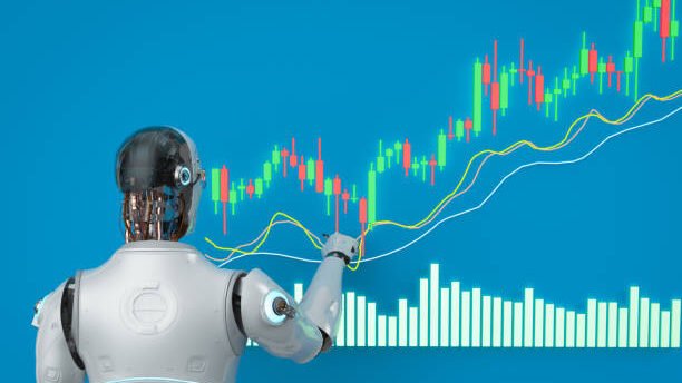 iCryptoAI.com Innovation: Revolutionizing AI Blockchain and Crypto Trading 3 Trading robot concept with 3d rendering ai robot with candle stick graph